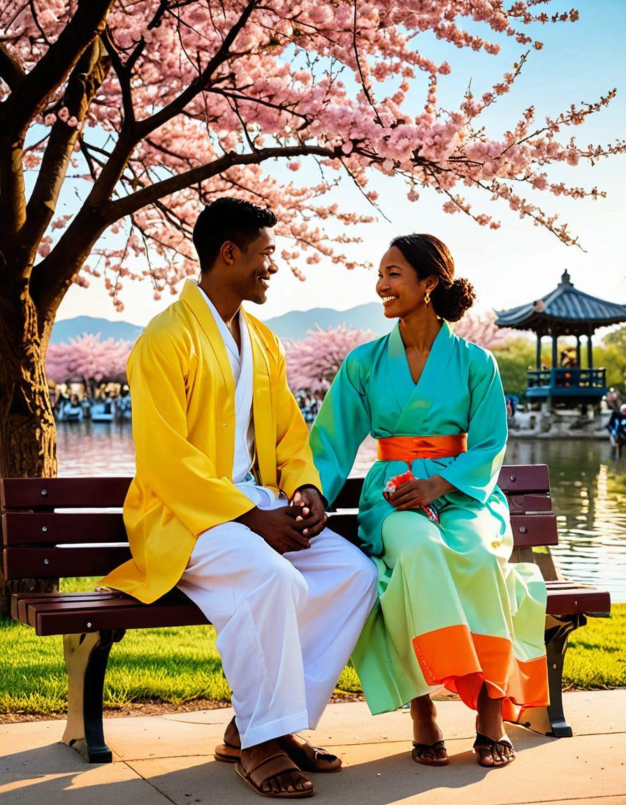 A passionate scene featuring diverse amateur couples from different cultural backgrounds sharing joyful moments together—holding hands, exchanging gifts, and sharing laughter in scenic locations like a cozy park bench under cherry blossoms, a bustling marketplace, and a tranquil beach at sunset. Each couple should be dressed in traditional attire from their respective cultures, showcasing the rich diversity. vibrant colors. painterly style.