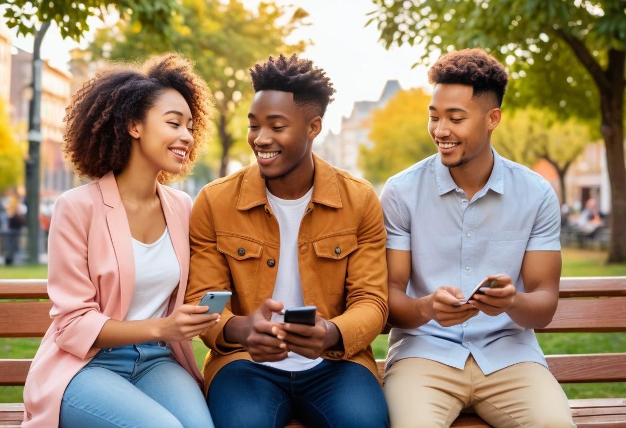 A young couple, one person of African descent and the other of Asian descent, sitting together on a park bench, holding hands and smiling warmly. Smartphones with dating app notifications are visible in their hands. The background features a vibrant, multicultural cityscape with people of various ethnicities happily interacting. light pastel color palette, warm sunlight, detailed expressions. super-realistic, vibrant colors.