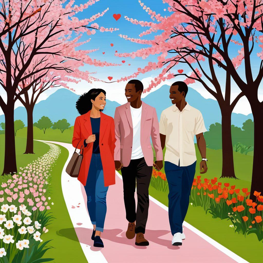 A diverse couple, one person of Asian descent and the other of African descent, holding hands and walking down a scenic path with cherry blossoms on one side and African tulips on the other, symbolizing the blending of cultures. They are smiling and looking at each other lovingly, with subtle heart symbols floating around them indicating love and connection. The background shows a map with different continents, signifying their journey together. vibrant colors. vector art.